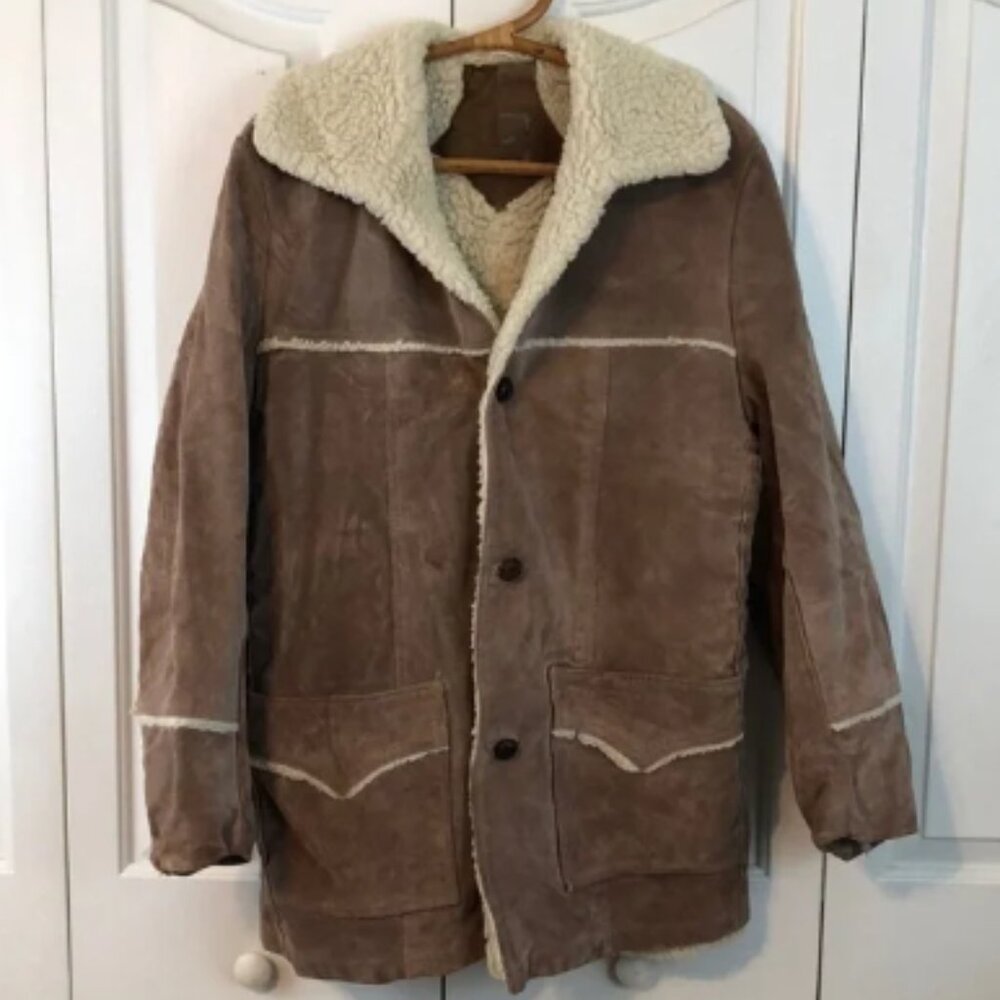 Vintage 70s Marlboro Man Suede Leather Shearling Rancher Coat